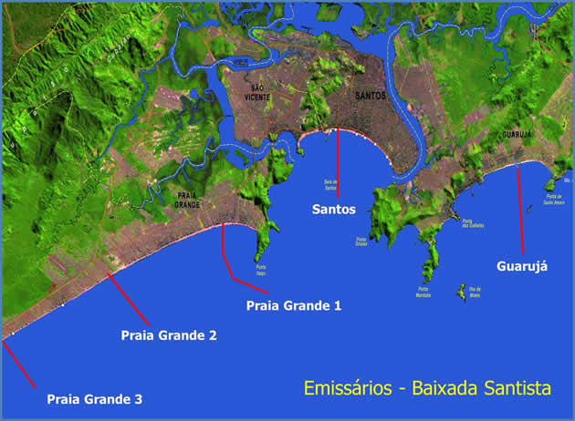 Figura 2: Localização dos Emissários Submarinos da Baixada Santista (SP)